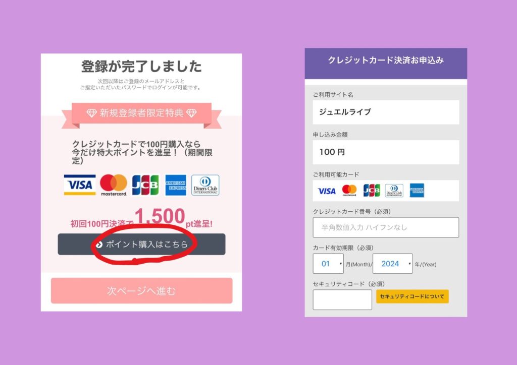 ジュエルライブの初回クレジット決済画面